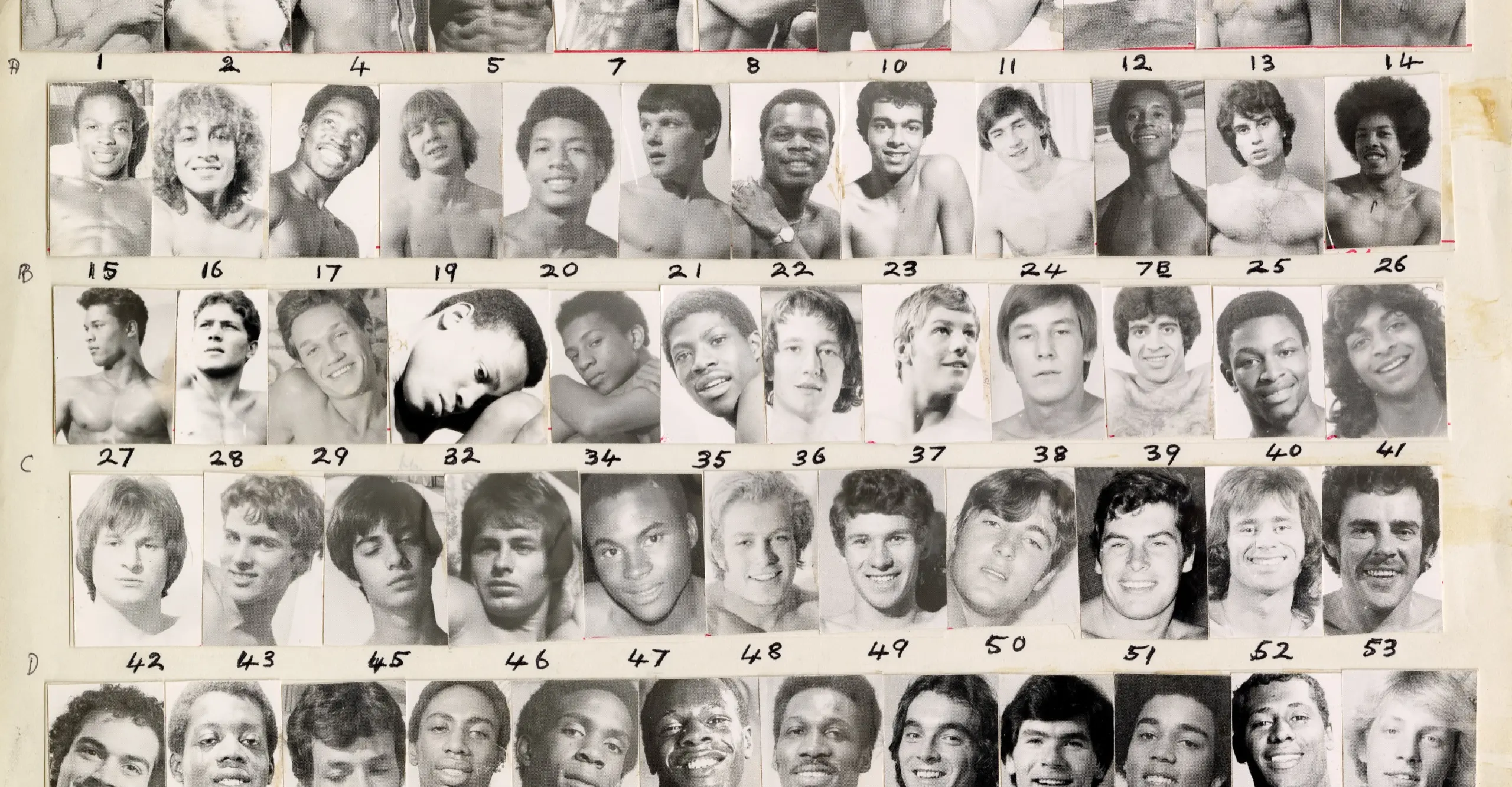 Collection of black and white close catalogue sheet of portrait shots of cis men aligned in a grid